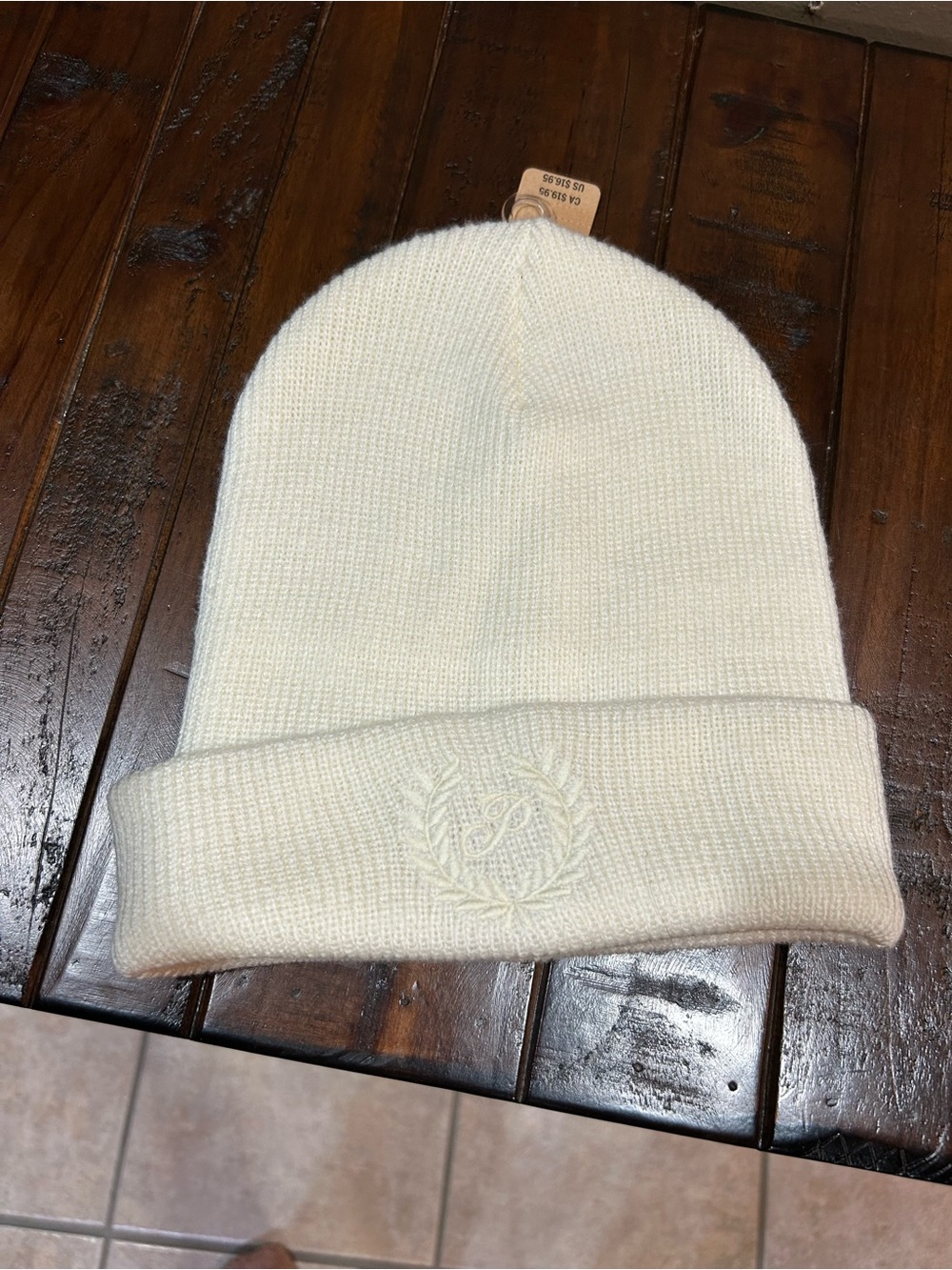 PINK Victoria's Secret Cream Knit Beanie with Embroidered Logo